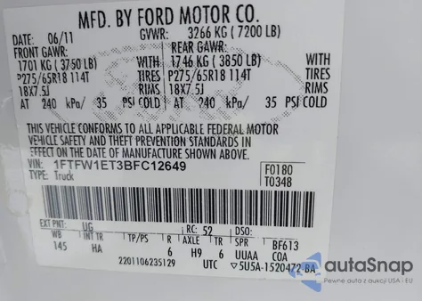 2011 Ford F-150 Lariat из США, поврежденный, VIN 1FTFW1ET3BFC12649